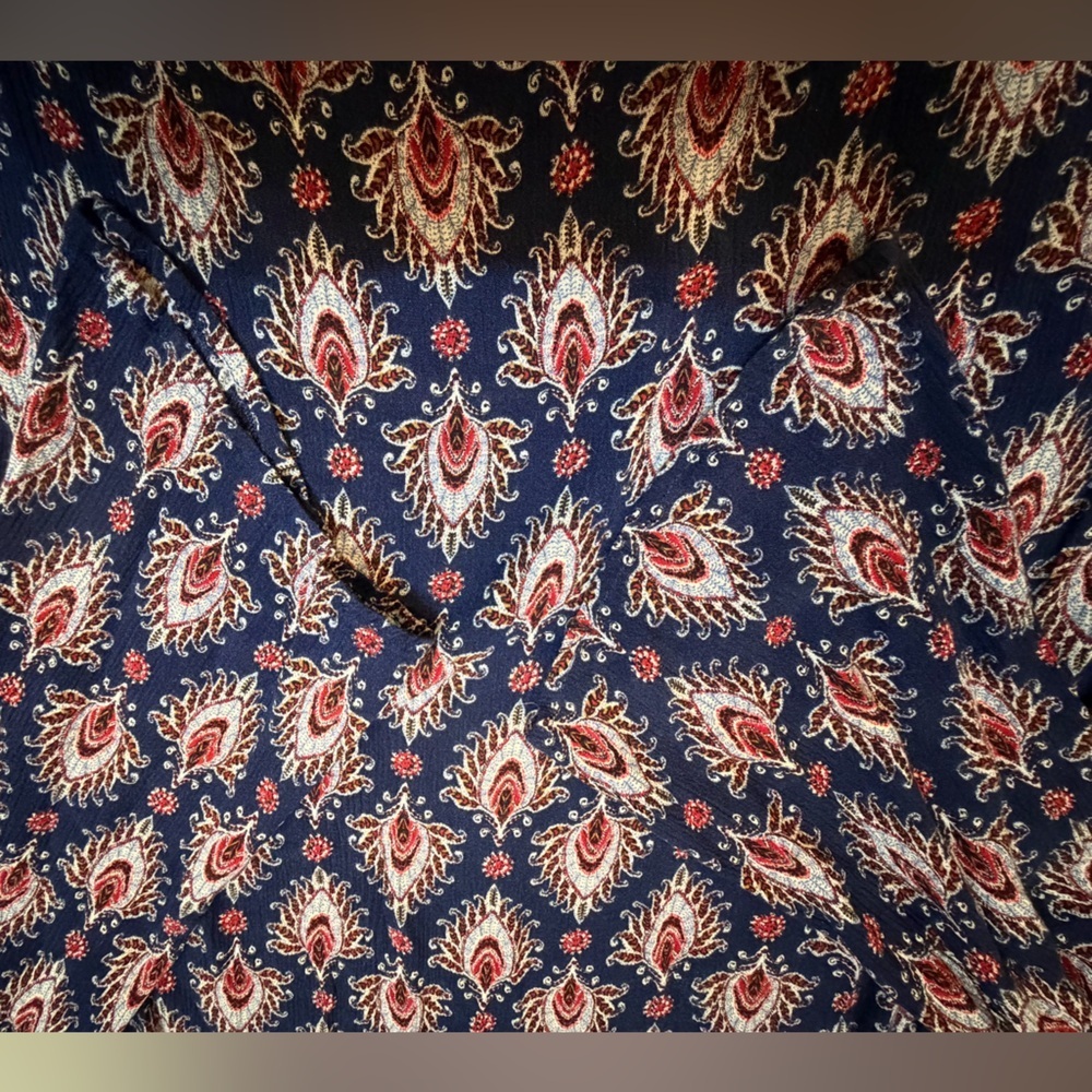 Mossimo Supply Co Boho Paisley Tunic Top Navy Red Rayon Long Sleeve Size L - Picture 6 of 9